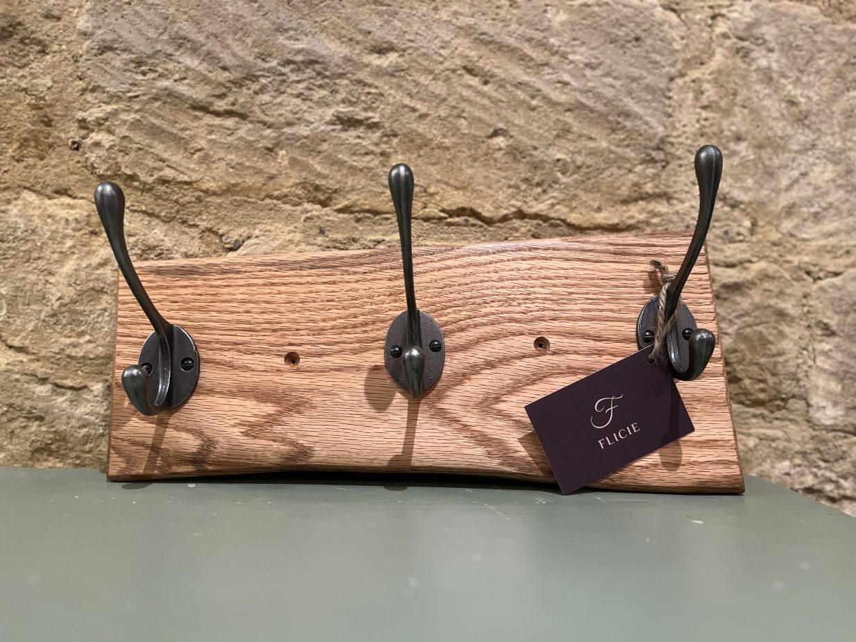 Handmade Hardwood Coat Hook, 3 Hooks, Oak Board, Flicie